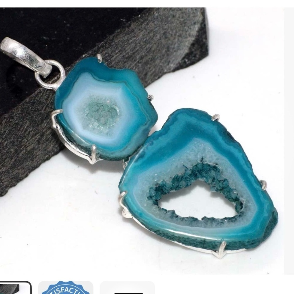 Agate Geode Slice 925 Silver Plated Long Gemstone Handmade Pendant 2.6".